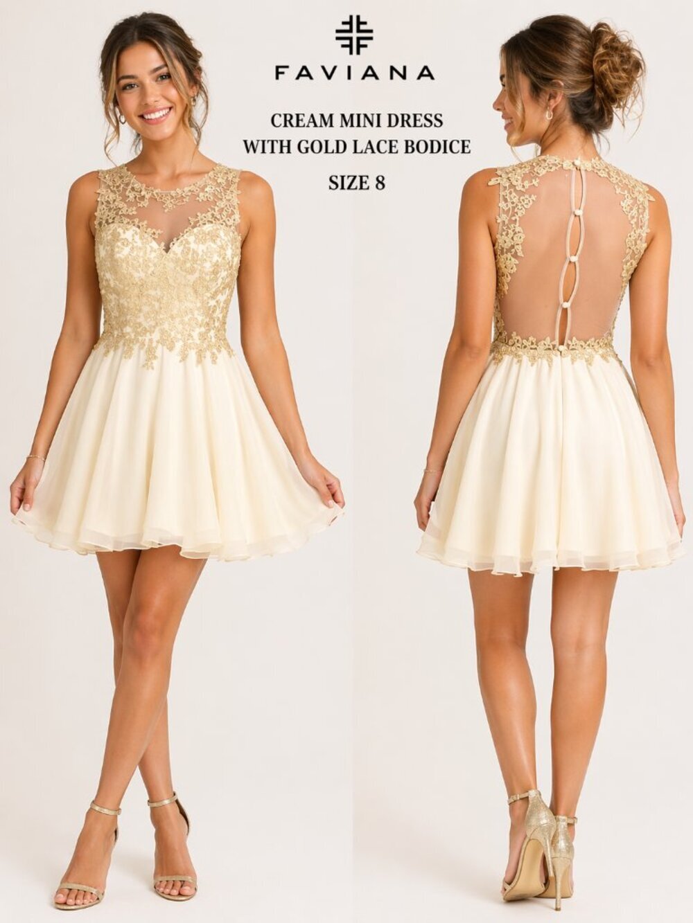 Faviana Cream Gold Lace Bodice Mini Dress 8